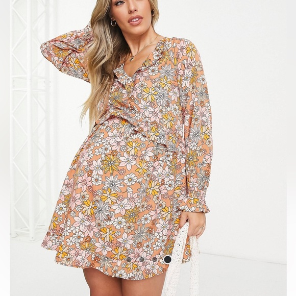 Wednesday's Girl Maternity mini smock dress in retro autumnal floral - Picture 4 of 4